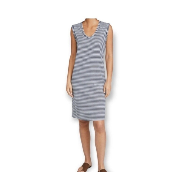 Dresses & Skirts - Theory Women's Deep Navy Striped Cuff Scoop Neck Sleeveless Sheath Dress Size M